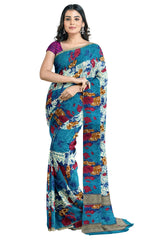 Multicolour Designer Wedding Partywear Pure Crepe Printed Hand Embroidery Work Bridal Saree Sari With Blouse Piece PC9