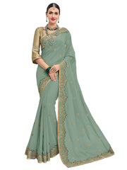 Green & Gold Georgette Heavy Embroidered Designer Saree Sari