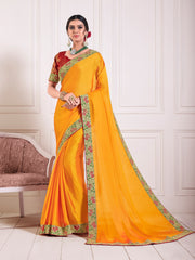 Yellow Poly Silk Embroidered Fancy Designer Saree Sari