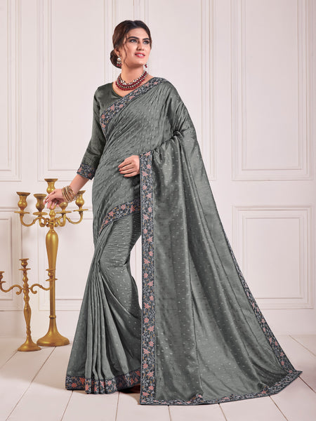Grey Poly Silk Embroidered Fancy Designer Saree Sari