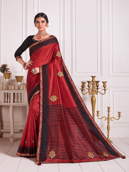 Red Poly Silk Embroidered Fancy Designer Saree Sari