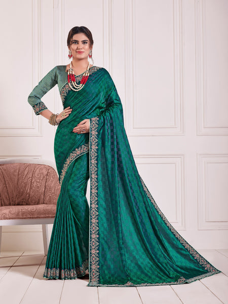 Green Poly Silk Embroidered Fancy Designer Saree Sari