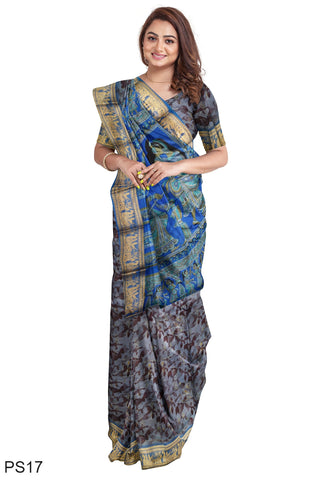 Multicolour Designer Wedding Partywear Pure Silk Printed Zari Hand Embroidery Work Bridal Saree Sari With Blouse Piece PS17