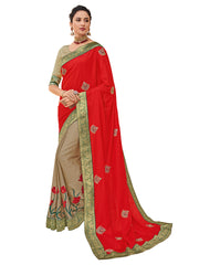 Red Poly Silk Embroidered Two Tone Designer Saree Sari