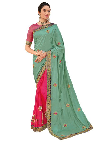 Green Poly Silk Embroidered Two Tone Designer Saree Sari