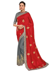Red Poly Silk Embroidered Two Tone Designer Saree Sari