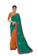 Green Poly Silk Embroidered Two Tone Designer Saree Sari