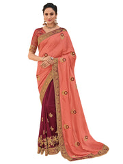Pink Poly Silk Embroidered Two Tone Designer Saree Sari