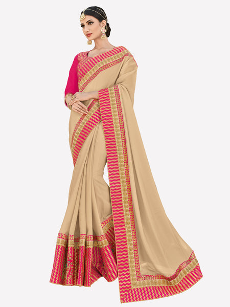 Beige Two-Tone Silk Embroidered Stone Work Floral Designer Saree Sari