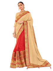 Beige & Red Silk Fabrics Embroidered Stone Work Floral Designer Saree Sari
