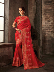 Red Poly Silk Embroidered Heavy Work Saree Sari
