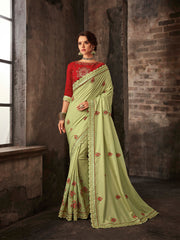 Lemon Green Poly Silk Embroidered Heavy Work Saree Sari