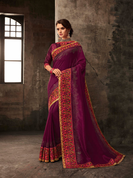 Burgundy Poly Silk Embroidered Heavy Work Saree Sari