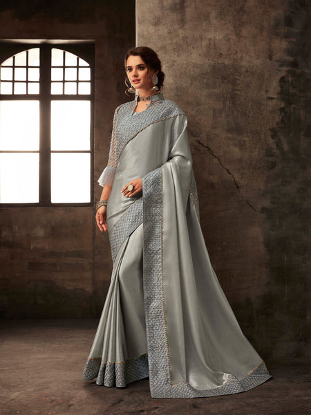 Silver Poly Silk Embroidered Heavy Work Saree Sari