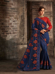 Navy Blue Poly Silk Embroidered Heavy Work Saree Sari
