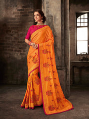 Orange Poly Silk Embroidered Heavy Work Saree Sari