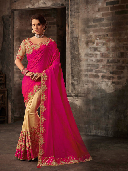 Pink & Gold Poly Silk Embroidered Heavy Work Saree Sari