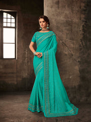 Turquoise Blue Poly Silk Embroidered Heavy Work Saree Sari