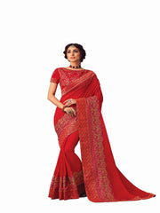 Red Poly Silk Heavy Embroidered Work Designer Saree Sari