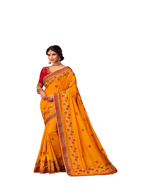 Mustard Poly Silk Heavy Embroidered Work Designer Saree Sari