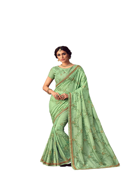 Green Poly Silk Heavy Embroidered Work Designer Saree Sari