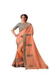 Peach Poly Silk Heavy Embroidered Work Designer Saree Sari