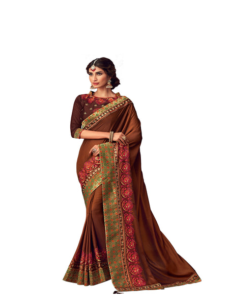 Brown Poly Silk Heavy Embroidered Work Designer Saree Sari