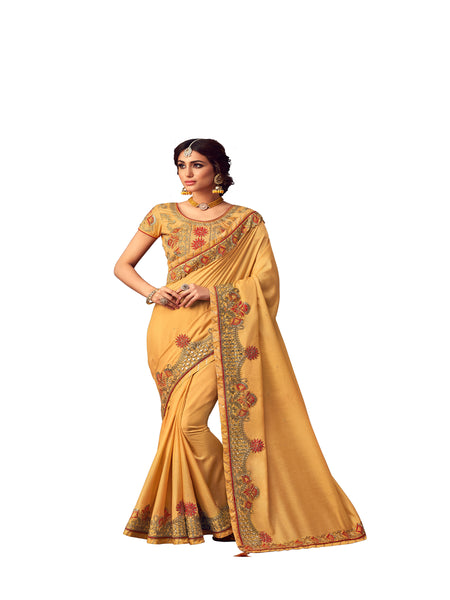 Yellow Poly Silk Heavy Embroidered Work Designer Saree Sari