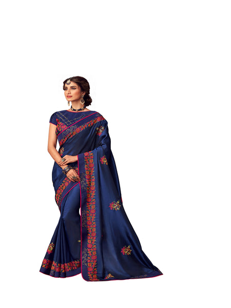 Blue Poly Silk Heavy Embroidered Work Designer Saree Sari