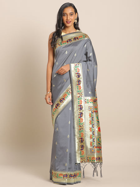Grey Jacquard Silk Heavy Work Designer Banarasi Saree Sari