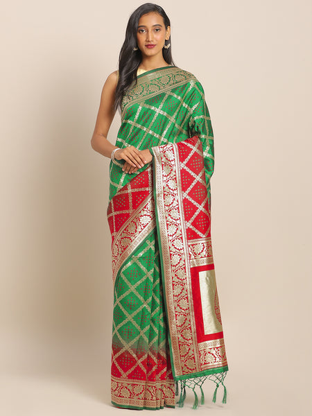 Green & Red Jacquard Silk Heavy Work Designer Banarasi Saree Sari