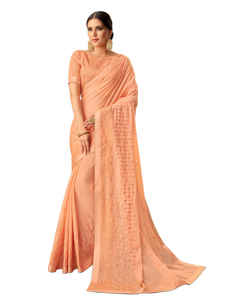 Orange Georgette Zari Embroidered Saree Sari
