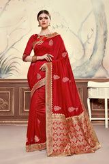 Red Poly Silk Heavy Embroidered Work Fancy Designer Saree Sari