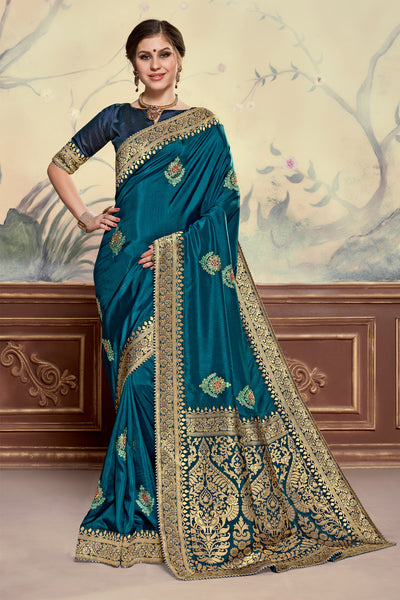 Teal Blue Poly Silk Heavy Embroidered Work Fancy Designer Saree Sari