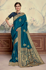 Teal Blue Poly Silk Heavy Embroidered Work Fancy Designer Saree Sari