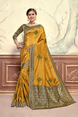 Mustard Poly Silk Heavy Embroidered Work Fancy Designer Saree Sari