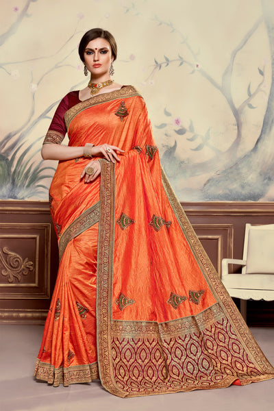 Orange Poly Silk Heavy Embroidered Work Fancy Designer Saree Sari