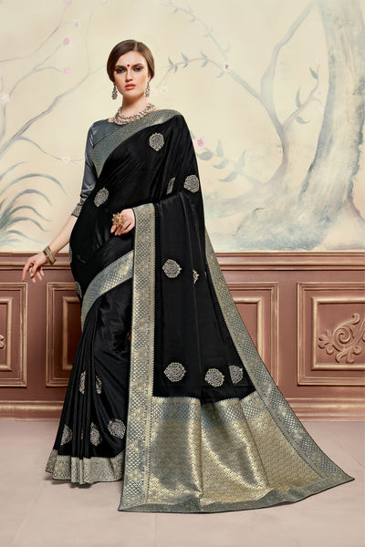 Black Poly Silk Heavy Embroidered Work Fancy Designer Saree Sari