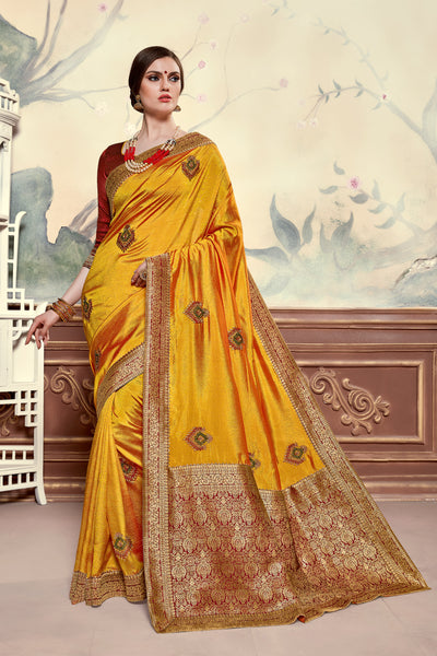 Mustard Poly Silk Heavy Embroidered Work Fancy Designer Saree Sari