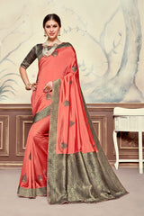 Pink Poly Silk Heavy Embroidered Work Fancy Designer Saree Sari