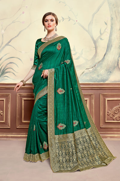 Green Poly Silk Heavy Embroidered Work Fancy Designer Saree Sari
