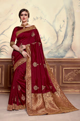 Maroon Poly Silk Heavy Embroidered Work Fancy Designer Saree Sari