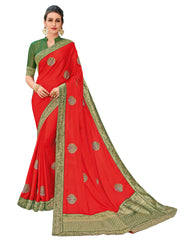 Red Two-Tone Silk Fabrics Heavy Embroidered Beautiful Floral Designer Saree Sari