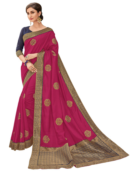 Magenta Two-Tone Silk Fabrics Heavy Embroidered Beautiful Floral Designer Saree Sari
