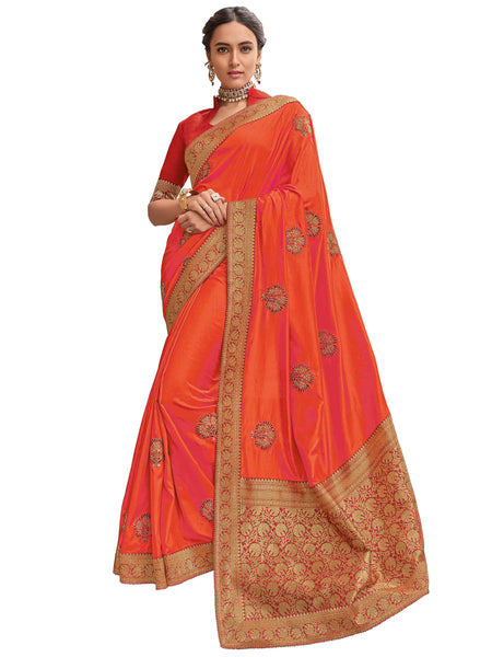 Orange Poly Silk Heavy Work Saree Sari