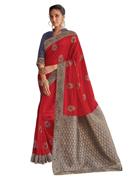 Red Poly Silk Heavy Work Saree Sari