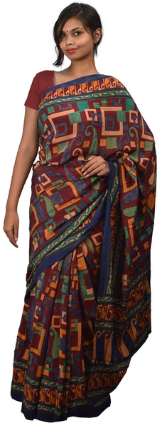 Multicolor Designer Wedding Partywear Pure Crepe Hand Brush Reprinted Kolkata Saree Sari RP133