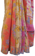 Multicolor Designer Wedding Partywear Pure Crepe Hand Brush Reprinted Kolkata Saree Sari RP14
