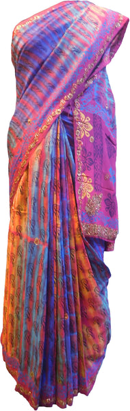 SMSAREE Multi Color Designer Wedding Partywear Pure Crepe Hand Brush Print Highlighted With Stone Sequence & Beads Hand Embroidery Work Bridal Saree Sari With Blouse Piece RP313