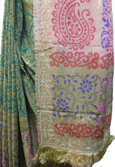 SMSAREE Multi Color Designer Wedding Partywear Pure Crepe Hand Brush Print Highlighted With Thread Hand Embroidery Work Bridal Saree Sari With Blouse Piece RP324